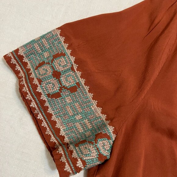 MUR MUR Anthropologie Rust Embroidered Boho Tunic M Rayon Festival Ethnic Folk - Picture 5 of 11